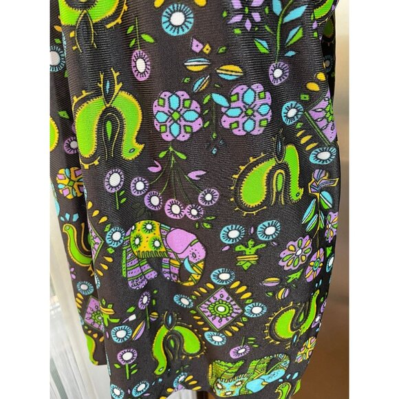 Vintage 70s top, black, neon psychedelic print, elephants, birds, flower power - Picture 3 of 10